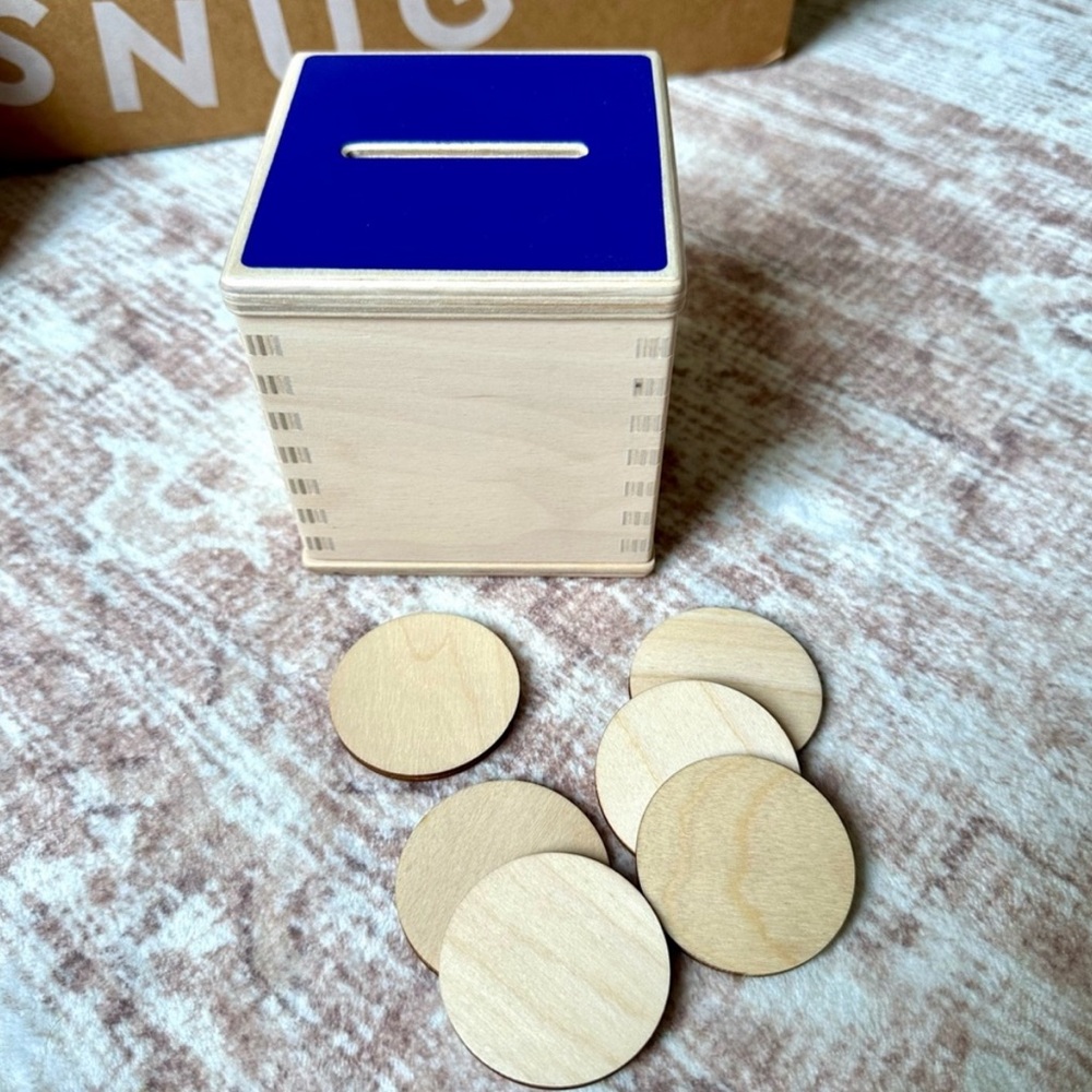 Lovevery Wooden Coin Drop Box with Six Coins